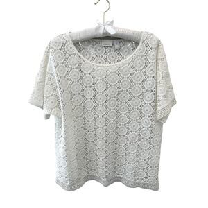 CHICOS | White Crochet Lace Short Sleeve Top Boho Cottagecore | Size 2 Large